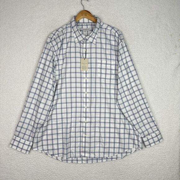 Peter Millar Shirt Mens 2XL White Blue Plaid Crown Lite Button Up‎ Stretch XXL